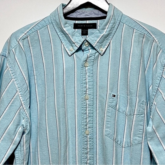 TOMMY HILFIGER Long Sleeve Oxford Stripe Shirt Men's XL Aqua Button-Down COASTAL - Picture 3 of 14